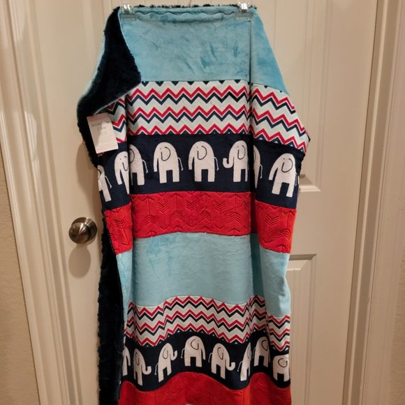 New Handmade Minky Navy, Red, and Blue Elephant Blanket - Picture 1 of 5